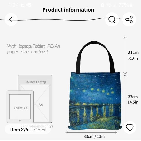 Van Gogh Starry Night Tote Bag - Picture 2 of 5